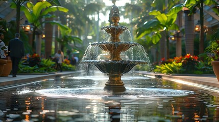 Golden and Silver Statues in Luxury Corporate Plaza with Business Crowd