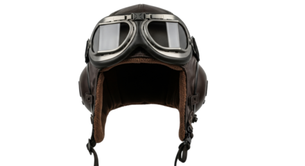 Isolated Aviator hat with goggles, leather, brown headgear, vintage pilot accessory, fashion item