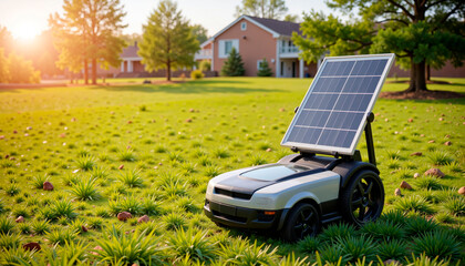 Solar-powered robotic lawn mower on green grass in residential area, eco-friendly innovation
  