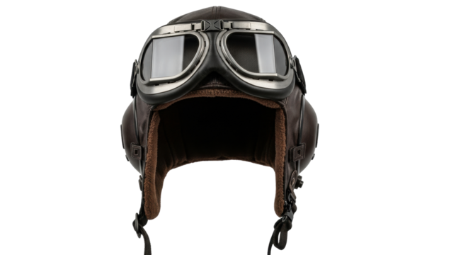 Isolated Aviator hat with goggles, leather, brown headgear, vintage pilot accessory, fashion item