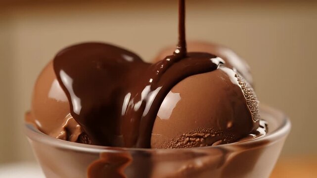Decadent Chocolate Ice Cream Scoops Drizzled with Rich, Flowing Hot Fudge Sauce, Indulgent Dessert Close-up