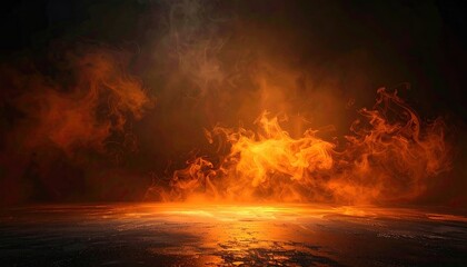 Fiery orange flames and smoke on a dark, textured surface
