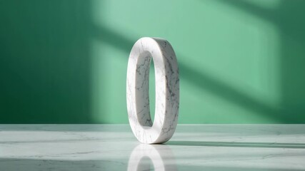 Starting marble zero sculpture rotating on marble tabletop, pastel green backdrop, window shadows - Powered by Adobe