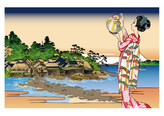 相州江の嶌と和服の女性