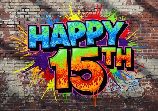 Happy 15th Birthday Graffiti Art with Textured Colors and Paint Splatters on Brick Wall