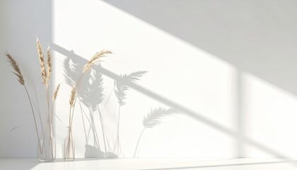 Dried grasses in clear vases, sunlit shadows