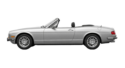 Isolated silver convertible sports car against a plain backdrop offering sleek design cues