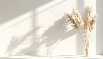 Sunlight casts shadows on a white wall, beside dried reeds