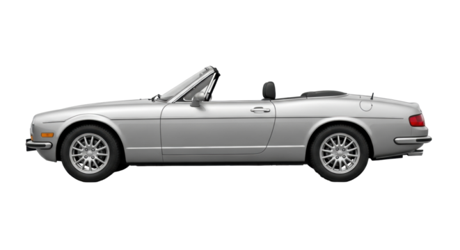 Isolated silver convertible sports car against a plain backdrop offering sleek design cues