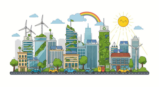 Vibrant Eco-Friendly Cityscape with Green Buildings and Wind Turbines.