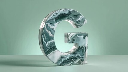 Soft glow emerging behind marble letter G, rotating on mint green backdrop and revealing veins - Powered by Adobe