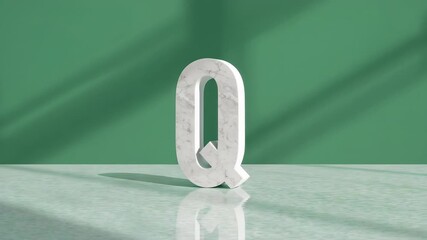 Sliding diagonal shadows guiding camera rotating marble letter Q on glossy floor with green wall - Powered by Adobe