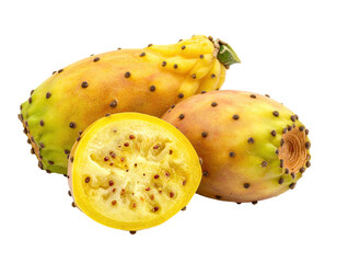 Two yellow prickly pear fruits, one sliced