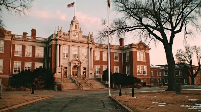 Old red brick school during cold season, historic university building with american flag waving, educational academy campus footage