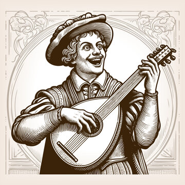 cheerful minstrel in old-fashioned costume, energetically dancing while playing lute sketch engraving generative ai fictional character vector illustration. Scratch board. Black and white.
