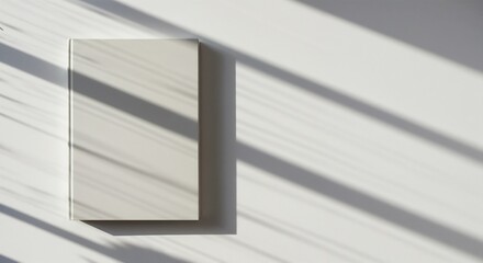 Fototapeta premium Book against white wall casting vertical line shadows from window blinds, adding texture and depth. Great for literary blogs, educational content, and artistic photography.