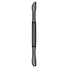 Stylized vector illustration of a cuticle pusher tool with a curved blade and a textured handle, isolated on a white background.