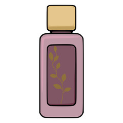 Stylized vector illustration of a rectangular perfume bottle with a golden cap and a delicate vine motif in muted purple hues.