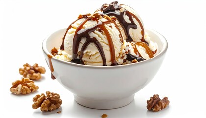 Two scoops of vanilla ice cream in a white bowl, drizzled with caramel and chocolate sauces, topped with walnuts
