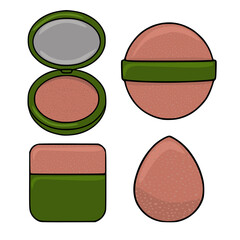 A delightful vector collection showcasing essential makeup application tools, including a compact powder with mirror, a fluffy powder puff, a cream jar, and a teardrop-shaped makeup sponge, all ren...