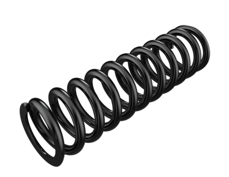Precision Black Coil Spring Isolated: Versatile automotive suspension component for cars, motorbikes, drift cars, and monster vehicles. High-resolution PNG for engineering and repair projects.