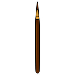 Naklejka premium Stylized vector illustration of a single makeup brush with a brown handle and a tapered tip, isolated on a white background.