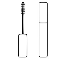 Minimalist vector illustration of a mascara wand and tube, clean outline design.
