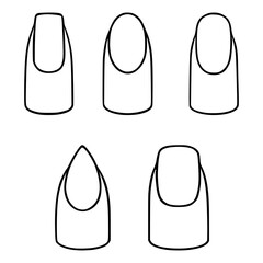 A simple black and white vector illustration showcasing five distinct nail shapes, including square, oval, almond, and coffin styles, presented against a clean white background.