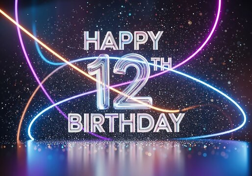 Happy 12th Birthday Holographic 3D Text with Dynamic Neon Light Trails and Reflections