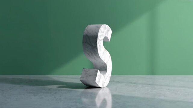 Rotating marble letter S revealing reverse veining on polished marble floor under shifting light
