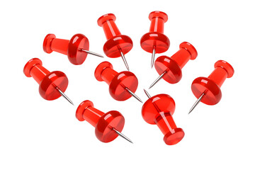 Group of red thumbtacks scattered on a black surface isolated on transparent background