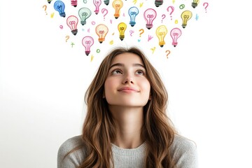 Portrait of a woman looking upward at a stream of colorful lightbulbs and question marks