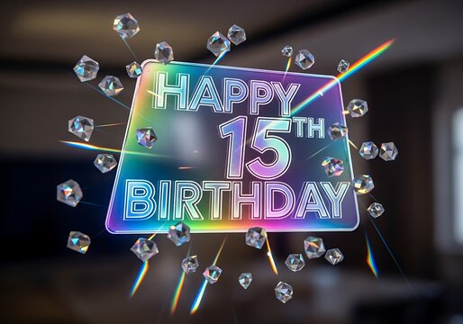 Happy 15th Birthday Holographic 3D Text with Floating Crystals and Light Reflections