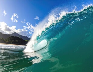 Powerful turquoise wave breaking, turquoise water, sunny day, tropical locale