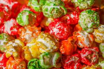 popcorn multicolored sweet glazed, close-up, selective focus