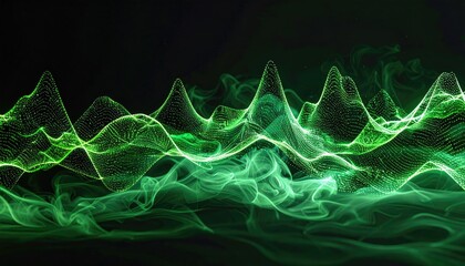 Abstract, glowing green waveforms on a dark background, dotted lines and smoke-like elements
