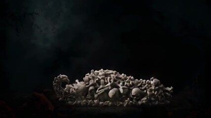 Sweeping beam lighting skeletal letter J collapsing into pile on crypt floor, with skulls, bones - Powered by Adobe