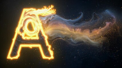 Metallic letter A transforming into fiery form in starfield after smoky spark, with ember sparks - Powered by Adobe