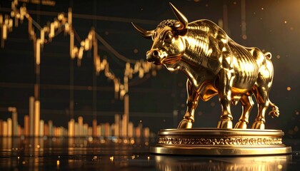 Golden bull statue on pedestal, financial chart background