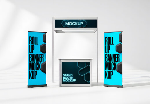 Exhibition Stand Booth With Roll Up Banner Mockup On Blue Background