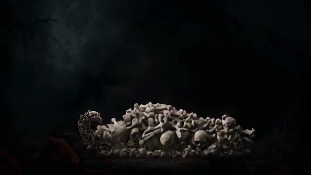 Sweeping beam lighting skeletal letter J collapsing into pile on crypt floor, with skulls, bones