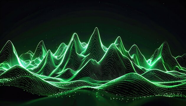 Abstract glowing green mountain range in dark space
