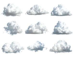 Twelve diverse cloud shapes, light gray/white, pixelated edges