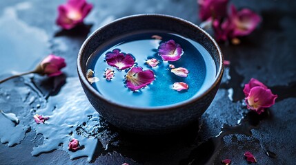 Matcha latte decorated with rose petals, top view