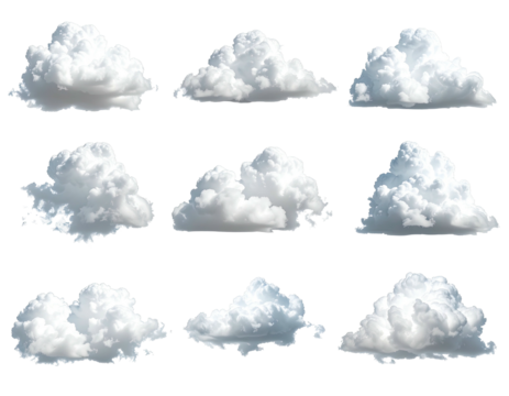 Twelve diverse cloud shapes, light gray/white, pixelated edges