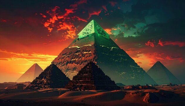 Ancient pyramids under a vibrant sunset