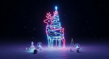 Neon christmas reindeer with tree lights and snow globe decorations in a winter scene