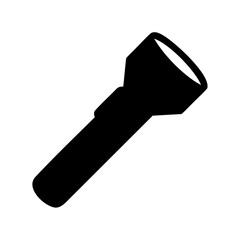 Simple black silhouette of a handheld flashlight with a beveled head on white