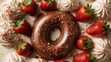 Chocolate-glazed donut sitting on light dining table with strawberries and whipped cream rosettes - Powered by Adobe