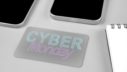 Closeup view of the text of Cyber Monday on a card on the table. Copy space. Cyber Monday sale concept